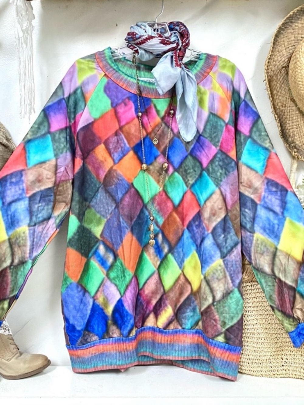BNWOT Diamond multicoloured print summer boho sweater/dress w cottagecore vibe - Picture 4 of 14